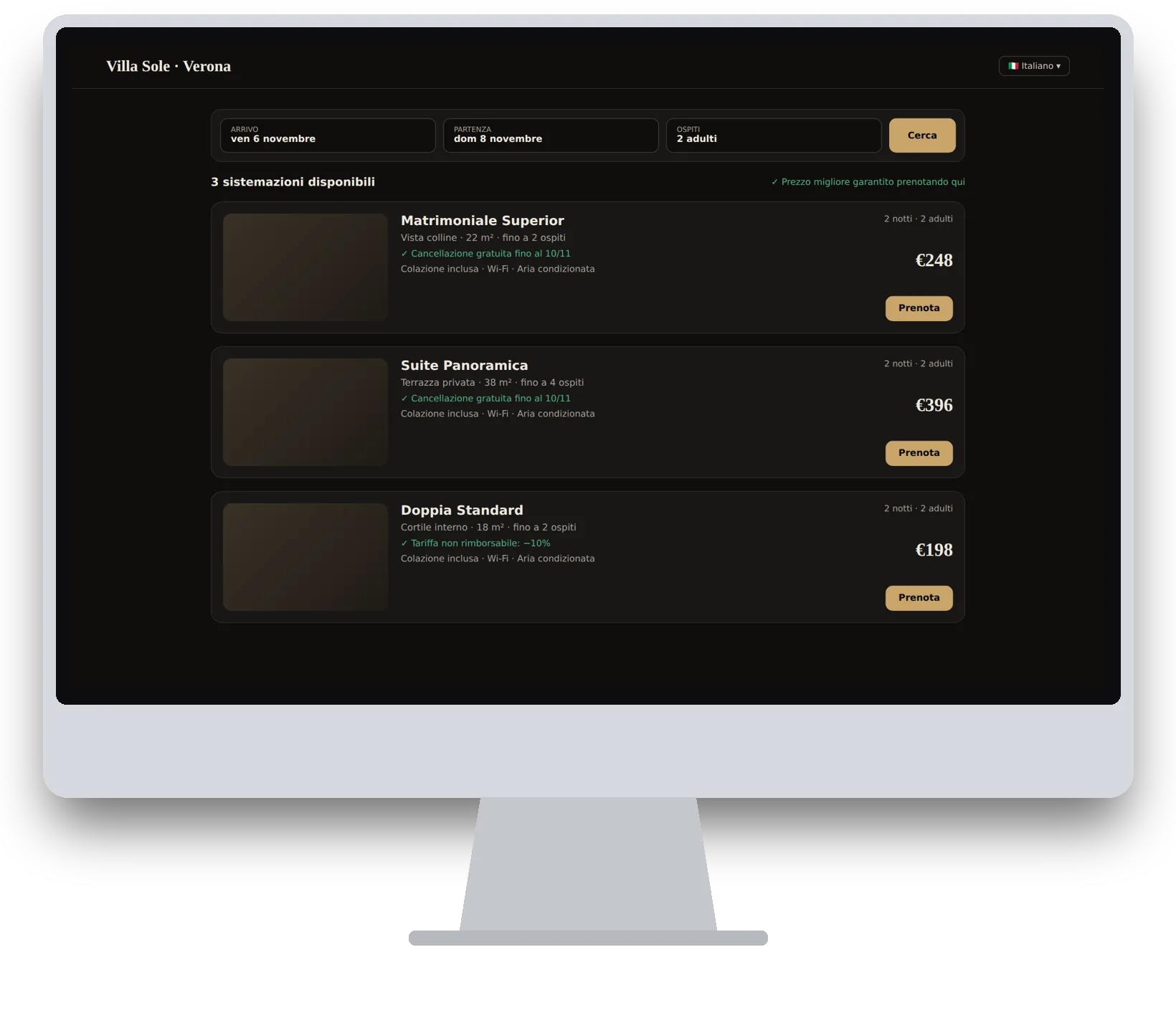 Il Booking Engine di HotiKey su iMac: ricerca date e camere disponibili con prezzo e cancellazione gratuita