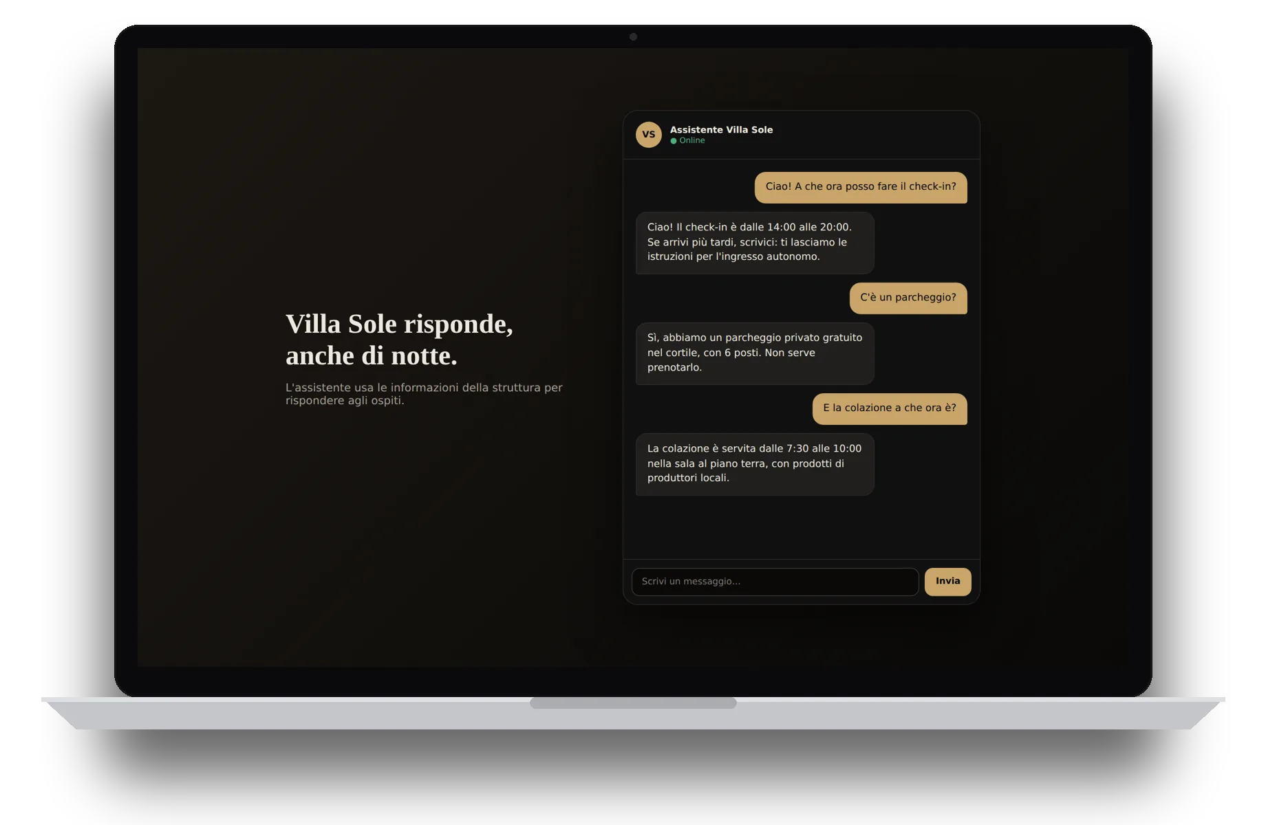La chat con l'assistente AI di HotiKey che risponde agli ospiti su check-in, parcheggio e colazione